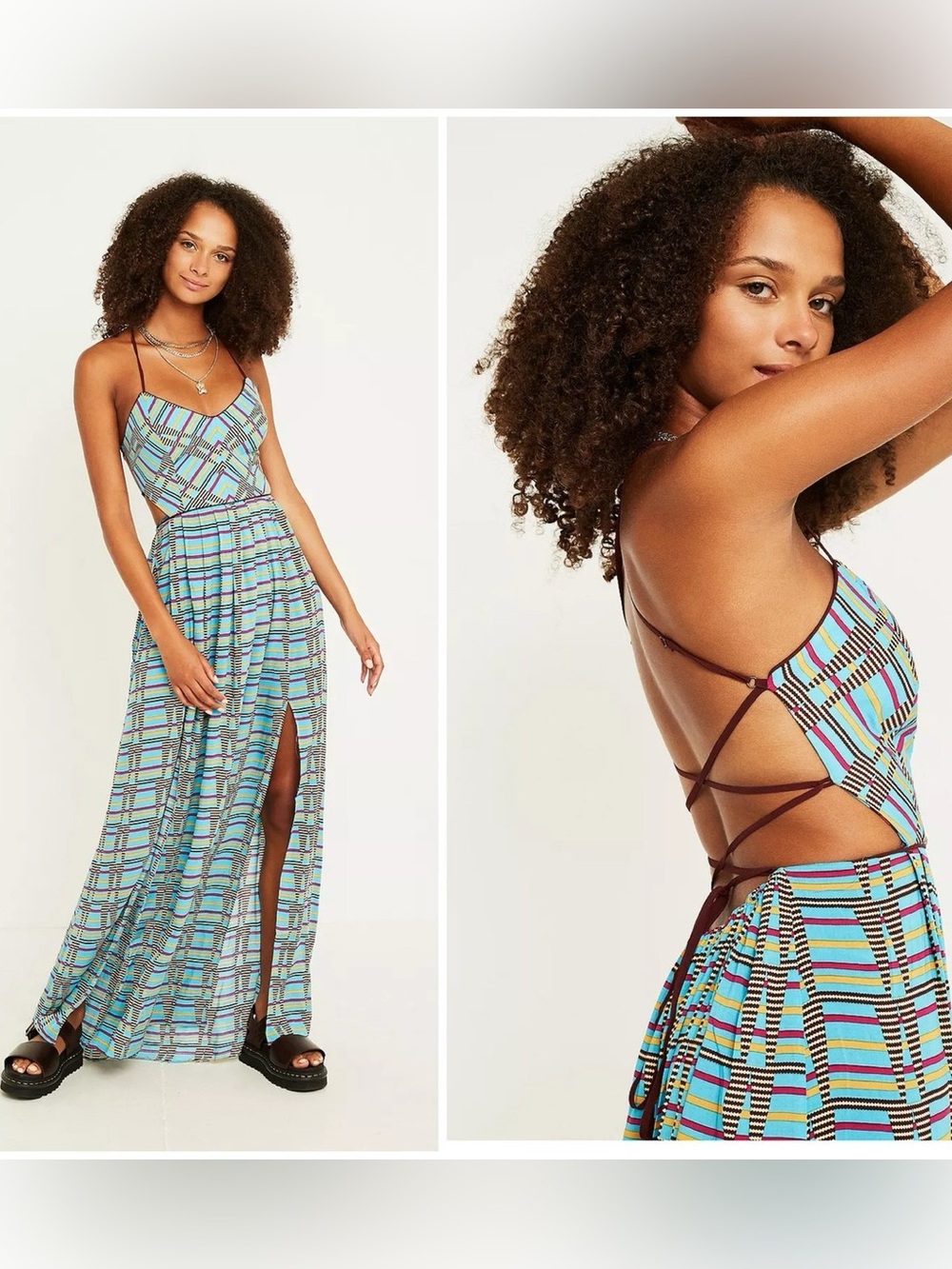 NWT Urban Outfitters UO Gia Open Back Flowy Boho Maxi Dress Medium Blue